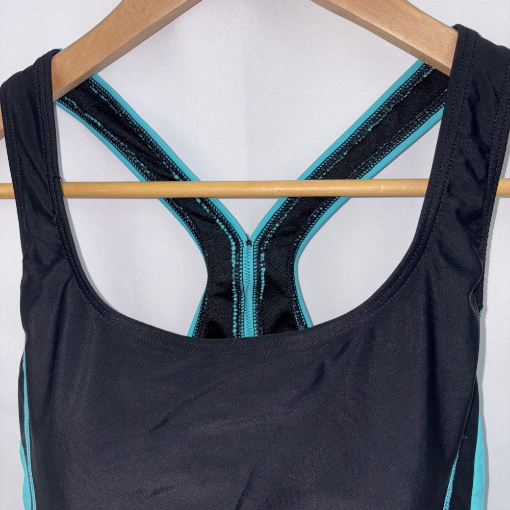 Grand Everest One Piece Swimsuit Sz L Racerback Built in Bra Black Teal Athletic - Picture 3 of 8